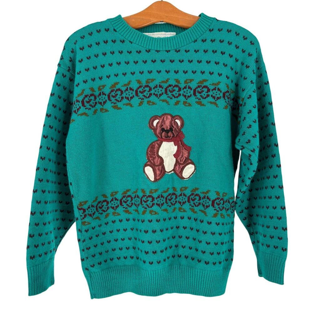 Vintage 80s/90s Teddy Bear Knit Sweater Kate Collins Crewneck Size M USA Kidcore